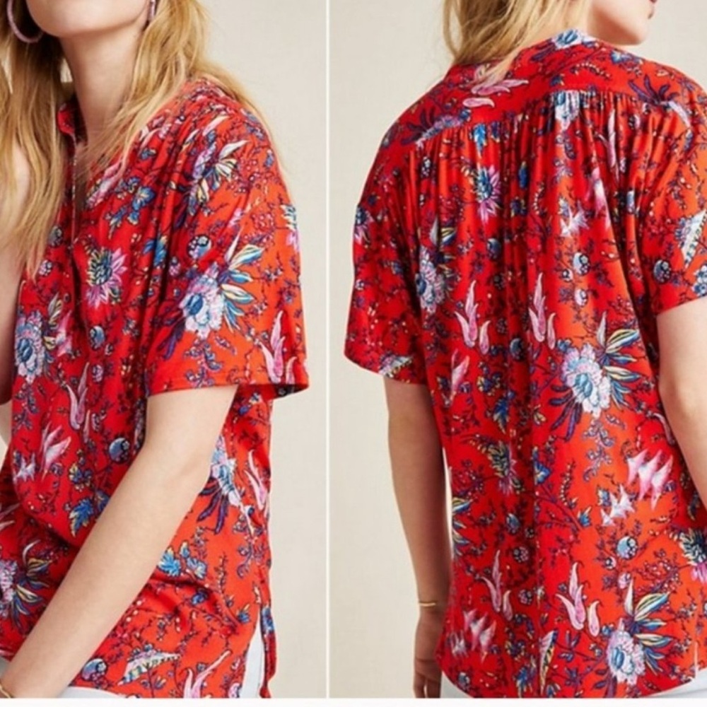 Anthropologie Maeve Windham Red Floral Pleated Top- L